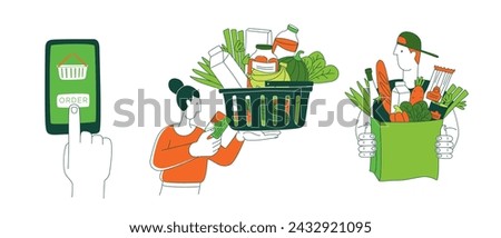 Mobile app to order grocery. Courier delivering goods from online shop. Woman holding Basket of food. Woman making order by phone app. Vector illustration , thin line flat style concept