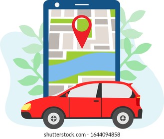 Mobile app ordering automobile. Smartphone with city map and pin pointers with cars rent locations, internet taxi. Mobile city transportation.