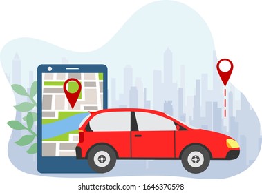 Aplicación móvil pidiendo automóvil. Teléfono inteligente con mapa de la ciudad y punteros con localizaciones de alquiler de camiones, taxi de internet. Transporte urbano móvil.