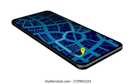 Mobile app page dark blue layout design. GPS Navigation. Highly detailed realistic smartphone with city map, checkpoint and taxi route. Vector on a white background