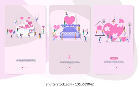 Mobile App Page with hearts and small people around them. Editable vector illustration