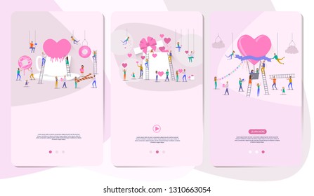 Mobile App Page with hearts and small people around them. Editable vector illustration