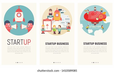 Mobile App Page Onboard Screen Set. Screens Template. Concept Startup Launch of New Business - People are Building Spaceship Rocket. Vector Illustration.