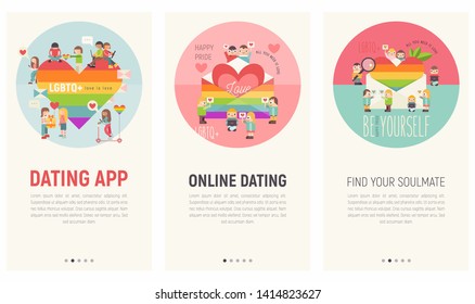 Mobile App Page Onboard Screen Set for Online Dating Site. Screens Template for LGBT People Community Website or Web Page. Vector Illustration. User Interface Kit in Flat Design.