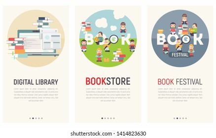 Mobile App Page Onboard Screen Set. Screens Template for Digital Library, Bookstore, Book Festival Website or Web Page. Vector Illustration. User Interface Kit in Flat Design.