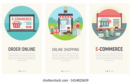 Mobile App Page Onboard Screen Set. Screens Template for E-commerce, Online Shopping, Mobile Store, Order Online. Vector Illustration. User Interface Kit in Flat Design.