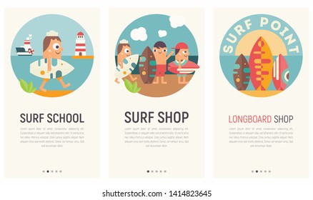 Mobile App Page Onboard Screen Set. Screens Template for Surf Shop, Surfing School, Longboard Online Store. Vector Illustration. User Interface Kit in Flat Design. Emblem for Surfing Club.
