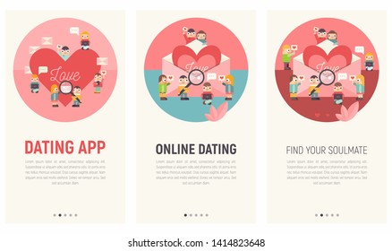 Mobile App Page Onboard Screen Set for Online Dating Site. Screens Template for Internet or Remote Relationship Website or Web Page. Vector Illustration. User Interface Kit in Flat Design.