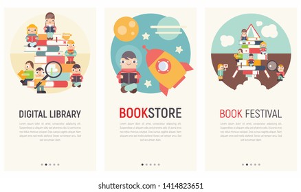 Mobile App Page Onboard Screen Set. Screens Template for Digital Library, Bookstore, Book Festival Website or Web Page. Vector Illustration. User Interface Kit in Flat Design for Literature Event.