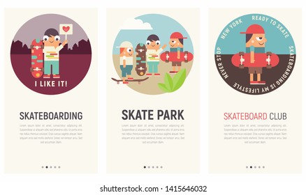 Mobile App Page Onboard Screen Set. Screens Template for Skateboard Club, Skate Park, Skateboarding Online Store. Vector Illustration. User Interface Kit in Flat Design.