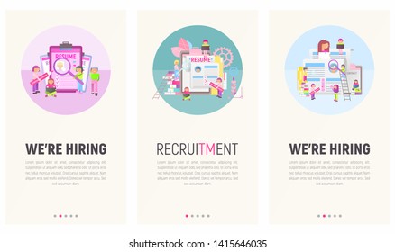 Mobile App Page Onboard Screen Set. Screens Template for HR Recruitment Website or Web Page. Vector Illustration. Cartoon People in Flat Design.