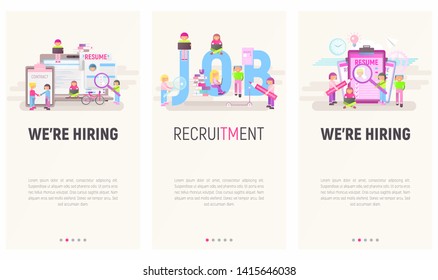 Mobile App Page Onboard Screen Set. Screens Template for HR Recruitment Website or Web Page. Vector Illustration. Small Cartoon People.
