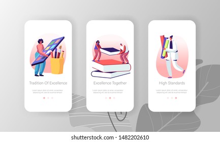 Página de aplicación móvil: pantalla integrada: conjunto de caracteres masculinos y femeninos con equipos de estudio como libros, pinturas y pinceles, concepto de conocimiento educativo para sitio web o página web, ilustración de vector plano de dibujos animados