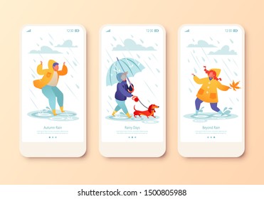 Mobile app page, onboard screen set with kids characters jumping in puddles dressed in rubber boots and yellow raincoats, little boy walking a dachshund under transparent umbrella. Concept for Website