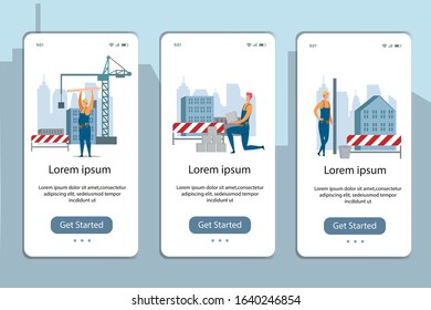 Mobile App Page Onboard Screen Set with Builder at Construction Site. Building, Roof Overlapping and Engineer Occupation. Contractor and Unfinished Skyscrapers. Vector Flat Illustration