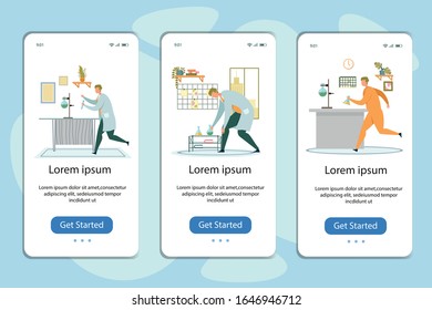 Mobile App Page Onboard Screen Set with Scientist Hold Glass Flask, Test Tube. Researchers Conducting Chemical Experiment. Medical, Biochemical, Pharmaceutical Laboratory. Vector Illustration