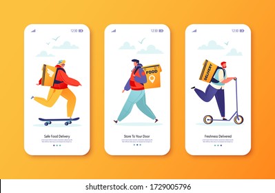 Mobile app page onboard screen set.  Delivery service concept. Couriers with backpacks go to specified addresses, deliver orders. Contactless, fast and environmentally friendly delivery.