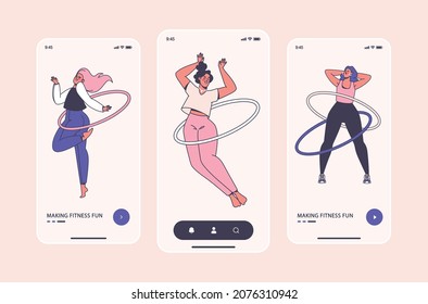 Concepto de aptitud de la plantilla de la aplicación móvil a bordo. Las chicas hacen ejercicio con caderas de cintura, bucles de hula. Estilo de dibujos animados planos con contornos. Concepto de estilo de vida saludable, ejercicio matutino divertido para niñas.