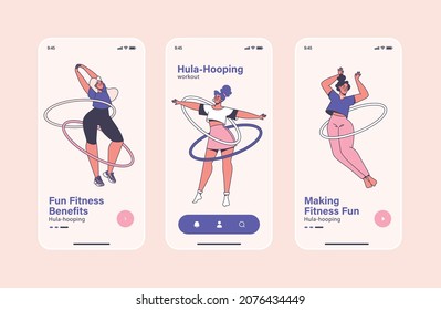 Mobile App-Seite auf dem Bildschirm Vorlage hula hoop Übungen, Morgen-Sport, Fitness und Sport für Mädchen. Junge Mädchen, die Hopfen um ihre Hosen drehen und tanzen. Gesunder Lebensstil