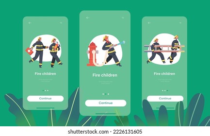 Onboard-Bildschirmvorlage für mobile App-Seite. Kinder feuern Feuerwehrleute in gleichartiger Holding Ladder, Erste Hilfe-Kit, Feuerlöscher, Kinder Feuerwehrmannschaft kämpfen mit Blaze-Konzept. Cartoon-Vektorgrafik
