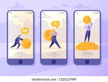 Mobile app page, screen set. Concept for website on business and finance theme. Making money, business investment. Concept of saving money. Characters making money. Money profit, income concept.