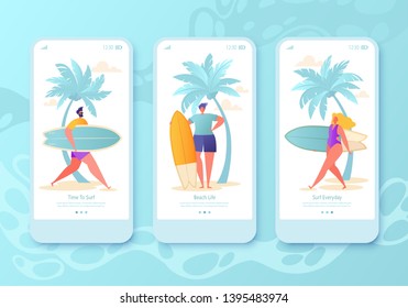 Mobile app page, screen set. Concept for website with flat happy surfers. They are going to catch a wave and enjoy surfing. Surfing concept for website or web page. Colorful vector illustration.