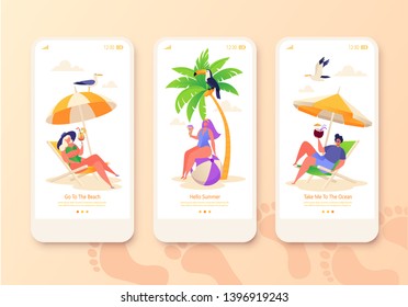 Mobile app page, screen set. Concept for website with women and men characters, they relaxing on sun loungers and drinking cocktails, sunbathing and eating ice cream. Summer vacation theme.