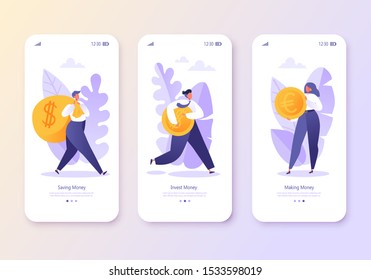 Mobile app page, screen set. Concept for website on business and finance theme. Concept of making money, saving money and financial success. Flat people, business characters collecting coins.