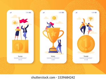 Mobile app page, screen set. Men and women celebrating victory. Business, success, teamwork, achievement, theme. Happy business people standing on the winner podium with awards gold cup and medal.