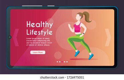 Mobile app page, screen set. Healthy lifestyle concept for website or web page. Young active women running marathon. Fitness in the city, cardio sport, outdoors training workout.