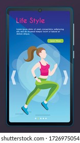 Página de aplicación móvil, pantalla establecida. Concepto de estilo de vida saludable para sitio web o página web. Mujeres jóvenes activas corriendo maratón. Gimnasio en la ciudad, deporte cardiovascular, entrenamiento al aire libre.