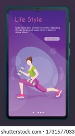 Mobile app page, screen set. Vector banner illustration of fitness training. Healthy lifestyle. Cartoon vector illustration. Female character. Fitness in the city, cardio sport