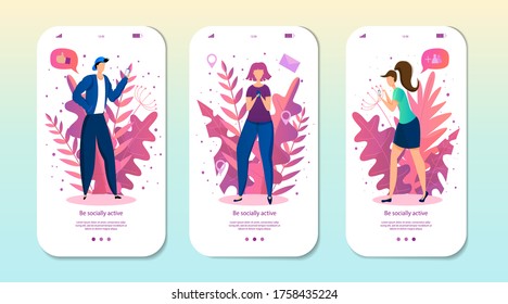 Mobile app page, screen set with people characters chatting in social media. Vector illustration for mobile website development and web page design. Flat cartoon characters chatting via internet.