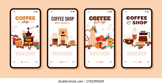 Mobile app page set for coffee shop and cafeteria cartoon vector illustration.