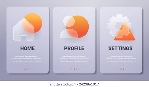 Páginas de aplicaciones móviles al estilo del glasmorfismo. Se han establecido banners de configuración y servicios de perfil vertical.