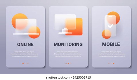 Mobile app pages in glassmorphism style with devises icons. Gadgets vector banners set.