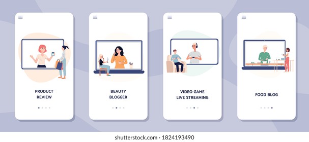 Mobile app pages screens with online video tutorials bloggers or vloggers and followers. Review products, food, video games, beauty. Content for internet. Set of vector illustrations.