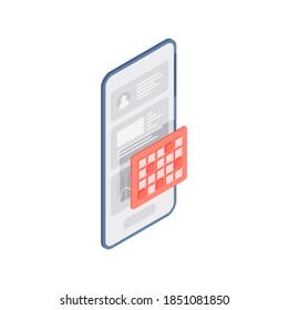 Mobile app password isometric illustration. Smartphone with user account details and red security bar. Smart authentication program with account lock. Modern custom web intrusion protection vector.