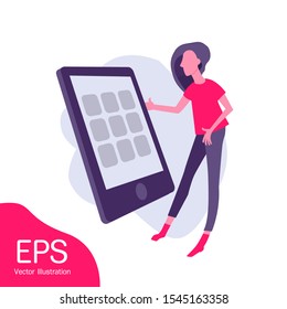 Mobile App. Person turn on notification on social media for up to date. Flat Vector Illustration