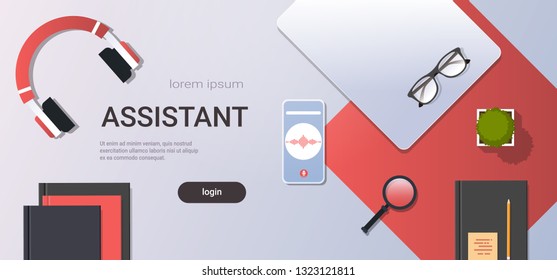 mobile app personal voice assistant smartphone screen digital technology concept top angle view workplace desktop with laptop headphones cellphone office stuff copy space horizontal