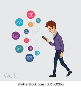 Mobile app in phone. Icons app for marketing. Man looking mobile icons phone. Vector man looking mobile app notification. Vector app in mobile phone. Vector icons mobile app. Man walking and looking 