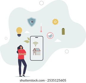 mobile app in phone monitoring system of building. tiny people control and lock access to lights and electricity, solar panel.flat characters.