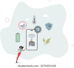 mobile app in phone monitoring system of building. tiny people control and lock access to lights and electricity, solar panel.flat characters.