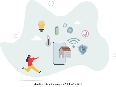 mobile app in phone monitoring system of building. tiny people control and lock access to lights and electricity, solar panel.flat character life .