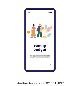 Mobile App For Planning And Management Of Finance Family Budget. Young Couple With Kid Throwing Gold Coins Into Jar For Money Savings. Flat Cartoon Vector Illustration.