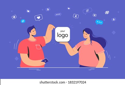 Mobile app presentation blank template. Flat vector concept illustration of smiling woman showing a new application and man pointing to it for social media chatting and communicating online