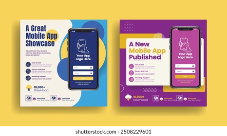 promoção de aplicativos móveis e desenvolvimento de aplicativos móveis postagens de mídias sociais, banner, anúncios e design de publicidade de promoção de software com ilustração de smartphone 3d