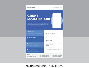 Mobile App Promotion flyer Template, Mobile App Flyer Plakatvorlage, Mobile App Flyer oder Template, Broschüren Layout mit Smartphone.
