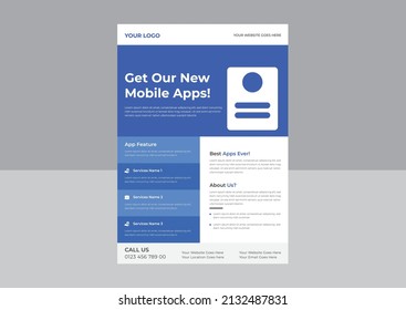 Mobile app promotion flyer template,  Mobile app flyer poster leaflet template, Mobile App Flyer or Template, Brochure Layout with Smartphone.