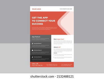 Mobile app promotion flyer template,  Mobile app flyer poster leaflet template, Mobile App Flyer or Template, Brochure Layout with Smartphone.